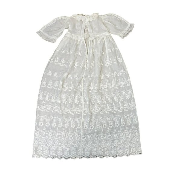 Antique Victorian Elegant Embroidered Eyelet Lace Christening Baby Gown Dress - Picture 6 of 10